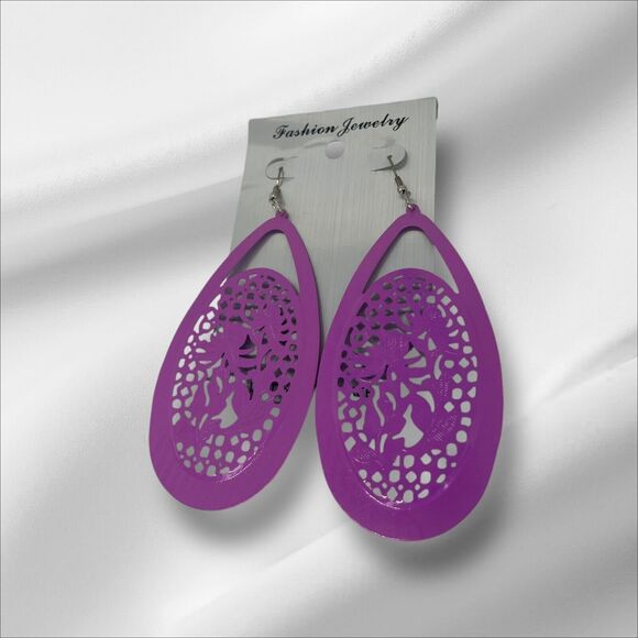 Vintage Purple Tone Open Work Drop Earrings Style Chic Fashion Elegant VTG NWOT - Picture 3 of 10